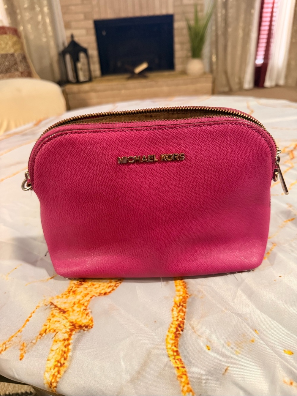 Michael Kors Hot Pink Saffiano Cosmetic Pouch with Gold Logo